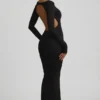 Vestito lungo senza schienale con ruches in modal Regine, nero Vestito lungo senza schienale con ruches in modal Regine, nero