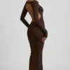 Vestito lungo senza schienale con ruches in TENCEL™ Modal color cioccolato Vestito lungo senza schienale con ruches in TENCEL™ Modal color cioccolato