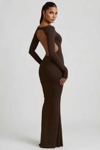 Vestito lungo senza schienale con ruches in TENCEL™ Modal color cioccolato