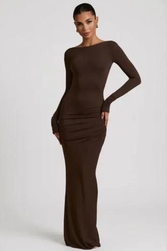 Vestito lungo senza schienale con ruches in TENCEL™ Modal color cioccolato