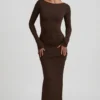 Vestito lungo senza schienale con ruches in TENCEL™ Modal color cioccolato Vestito lungo senza schienale con ruches in TENCEL™ Modal color cioccolato
