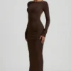 Vestito lungo senza schienale con ruches in TENCEL™ Modal color cioccolato Vestito lungo senza schienale con ruches in TENCEL™ Modal color cioccolato