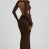 Vestito lungo senza schienale con ruches in TENCEL™ Modal color cioccolato Vestito lungo senza schienale con ruches in TENCEL™ Modal color cioccolato