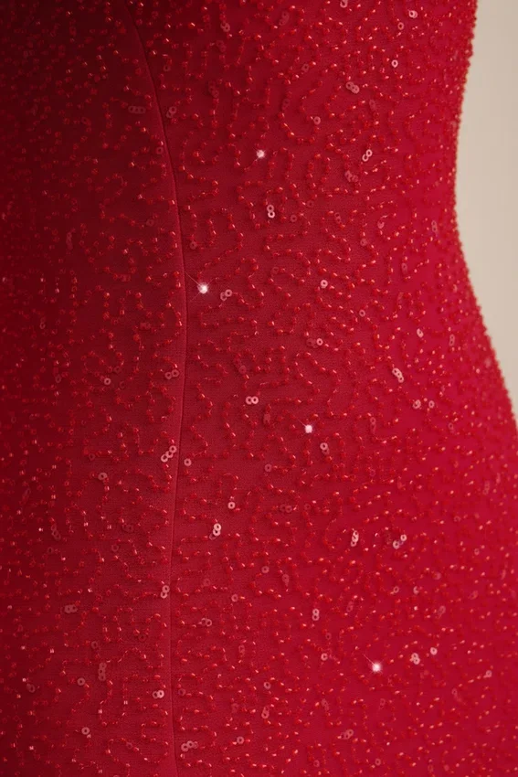 Vestito lungo senza spalline con collo a cappuccio decorato La Rochette in rosso vero Vestito lungo senza spalline con collo a cappuccio decorato La Rochette in rosso vero