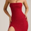 Vestito lungo senza spalline con collo a cappuccio decorato La Rochette in rosso vero Vestito lungo senza spalline con collo a cappuccio decorato La Rochette in rosso vero