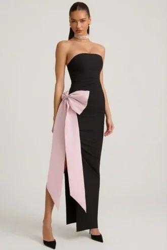 Vestito lungo senza spalline con fiocco Angelique in nero