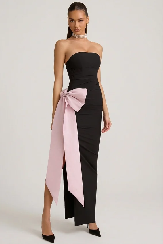 Vestito lungo senza spalline con fiocco Angelique in nero Vestito lungo senza spalline con fiocco Angelique in nero