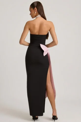 Vestito lungo senza spalline con fiocco Angelique in nero