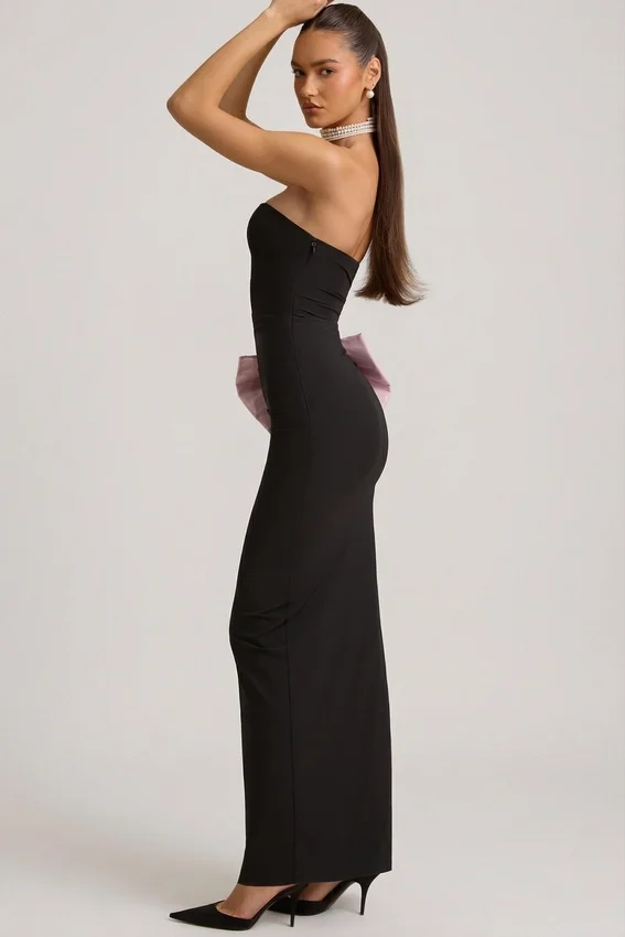 Vestito lungo senza spalline con fiocco Angelique in nero Vestito lungo senza spalline con fiocco Angelique in nero