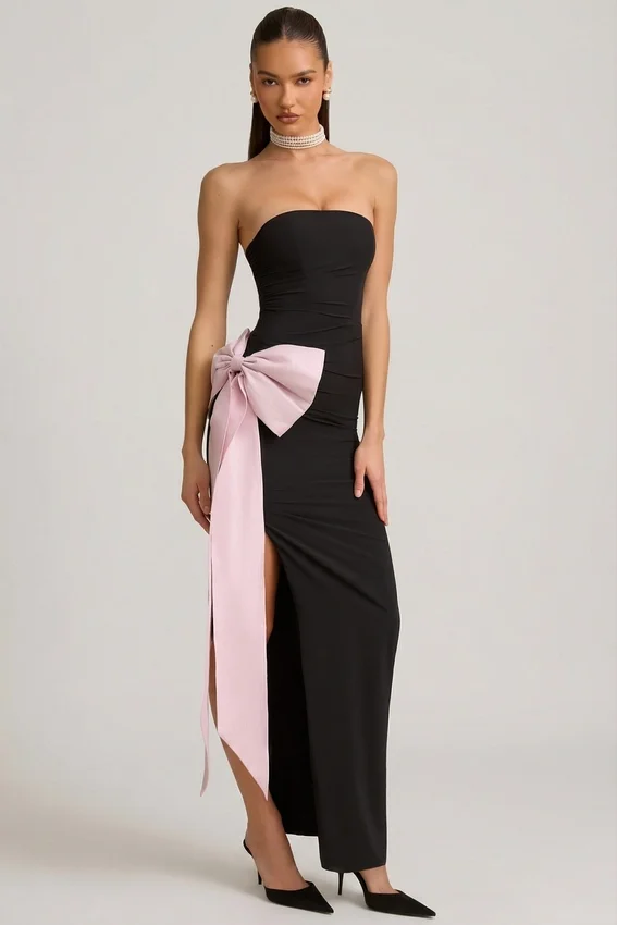 Vestito lungo senza spalline con fiocco Angelique in nero Vestito lungo senza spalline con fiocco Angelique in nero
