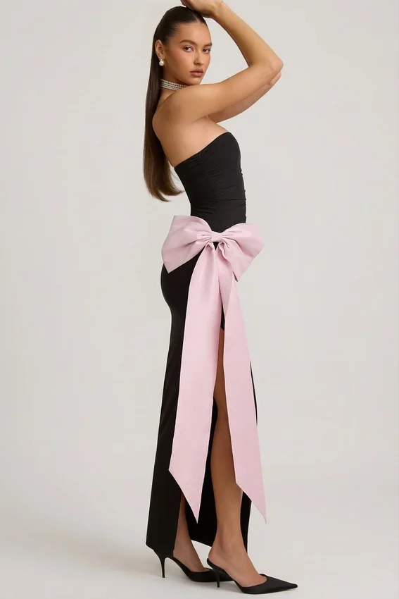 Vestito lungo senza spalline con fiocco Angelique in nero Vestito lungo senza spalline con fiocco Angelique in nero