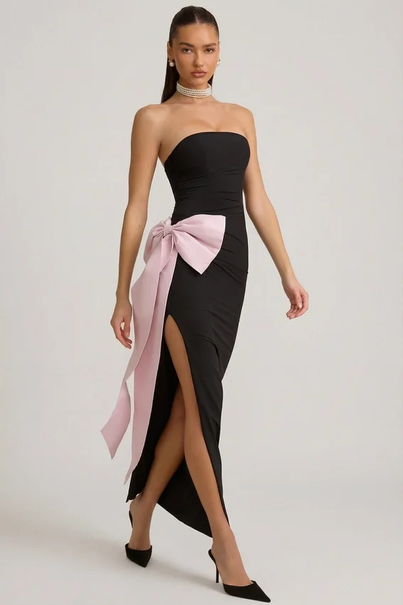 Vestito lungo senza spalline con fiocco Angelique in nero Vestito lungo senza spalline con fiocco Angelique in nero