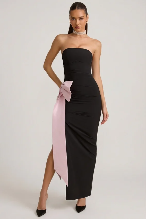 Vestito lungo senza spalline con fiocco Angelique in nero Vestito lungo senza spalline con fiocco Angelique in nero