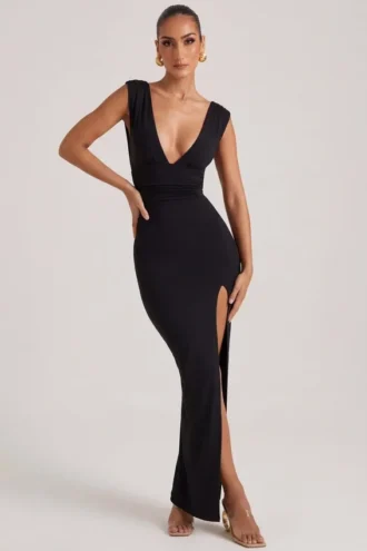 Vestito lungo Sloane con spacco alto e scollo a V in nero