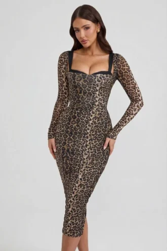 Vestito midi a balze con dettaglio reggiseno a strati Deliana con stampa leopardata