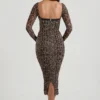 Vestito midi a balze con dettaglio reggiseno a strati Deliana con stampa leopardata Vestito midi a balze con dettaglio reggiseno a strati Deliana con stampa leopardata