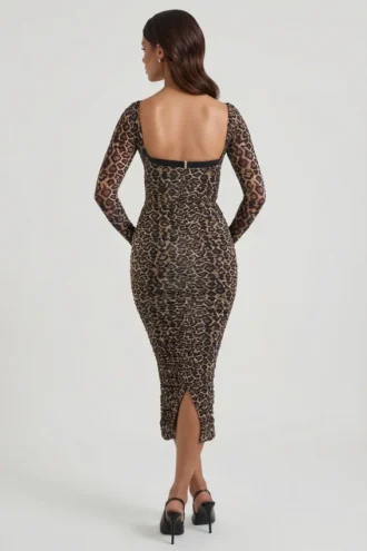Vestito midi a balze con dettaglio reggiseno a strati Deliana con stampa leopardata