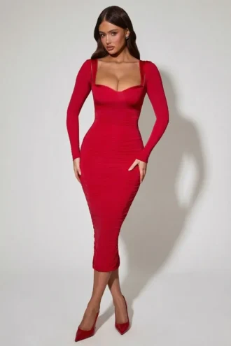 Vestito midi a balze con dettaglio reggiseno a strati Deliana in rosso