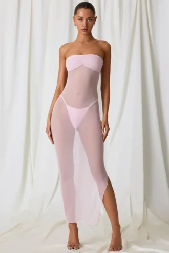 Vestito midi a fascia con ruches Papeete in rosa tenue Vestito midi a fascia con ruches Papeete in rosa tenue