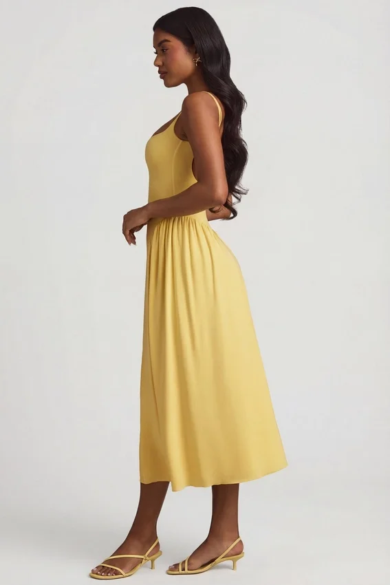 Vestito midi A-line in modal Aireen, giallo pastello Vestito midi A-line in modal Aireen, giallo pastello