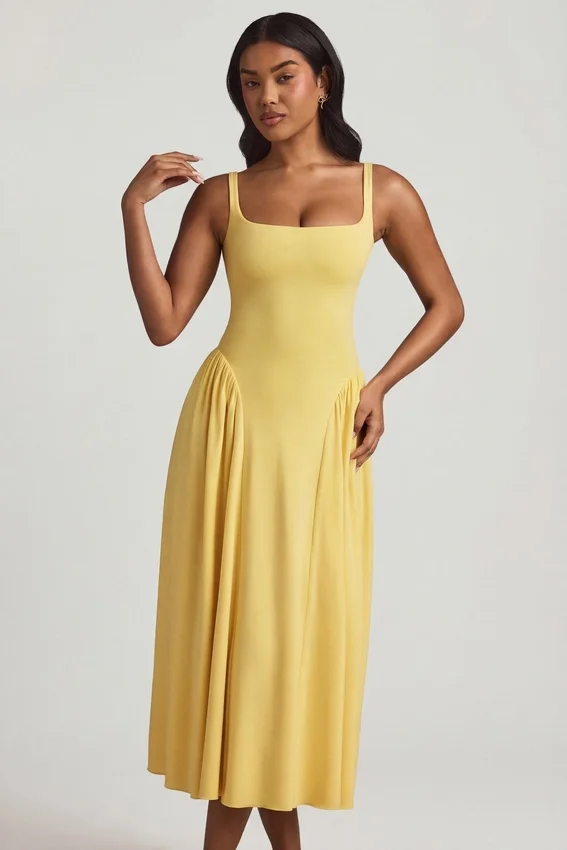 Vestito midi A-line in modal Aireen, giallo pastello Vestito midi A-line in modal Aireen, giallo pastello