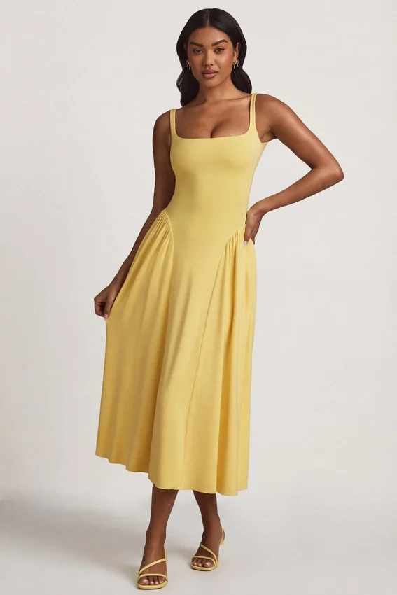 Vestito midi A-line in modal Aireen, giallo pastello Vestito midi A-line in modal Aireen, giallo pastello