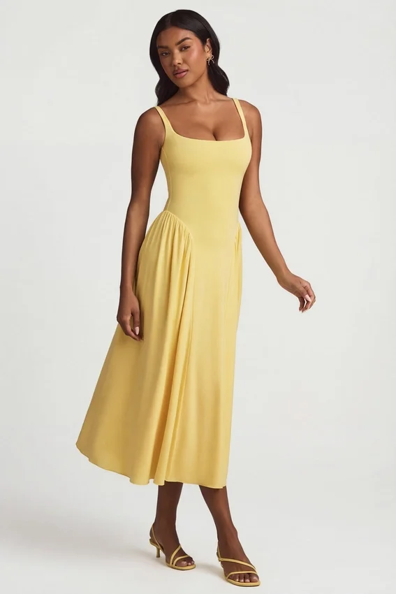 Vestito midi A-line in modal Aireen, giallo pastello Vestito midi A-line in modal Aireen, giallo pastello
