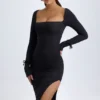 Vestito midi a maniche lunghe con scollo quadrato in modal Sawyer, nero Vestito midi a maniche lunghe con scollo quadrato in modal Sawyer, nero