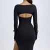 Vestito midi a maniche lunghe con scollo quadrato in modal Sawyer, nero Vestito midi a maniche lunghe con scollo quadrato in modal Sawyer, nero