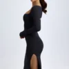 Vestito midi a maniche lunghe con scollo quadrato in modal Sawyer, nero Vestito midi a maniche lunghe con scollo quadrato in modal Sawyer, nero