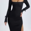 Vestito midi a maniche lunghe con scollo quadrato in modal Sawyer, nero Vestito midi a maniche lunghe con scollo quadrato in modal Sawyer, nero