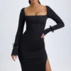 Vestito midi a maniche lunghe con scollo quadrato in modal Sawyer, nero Vestito midi a maniche lunghe con scollo quadrato in modal Sawyer, nero