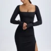 Vestito midi a maniche lunghe con scollo quadrato in modal Sawyer, nero Vestito midi a maniche lunghe con scollo quadrato in modal Sawyer, nero
