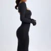 Vestito midi a maniche lunghe con scollo quadrato in modal Sawyer, nero Vestito midi a maniche lunghe con scollo quadrato in modal Sawyer, nero