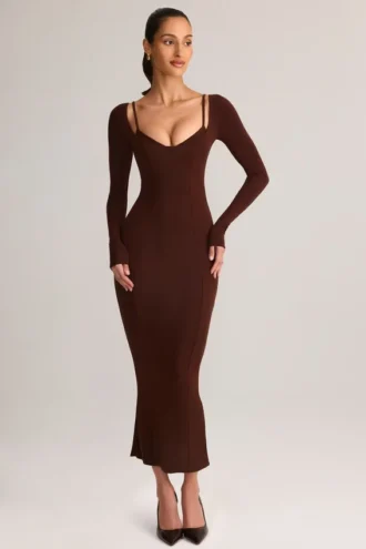 Vestito midi a maniche lunghe Ori Modal Peekaboo in marrone cioccolato