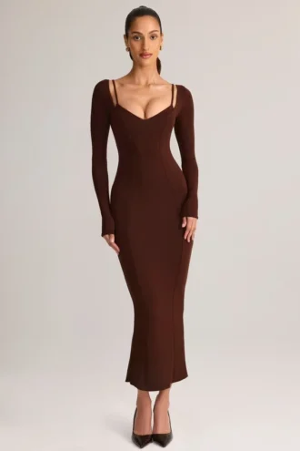 Vestito midi a maniche lunghe Ori Modal Peekaboo in marrone cioccolato