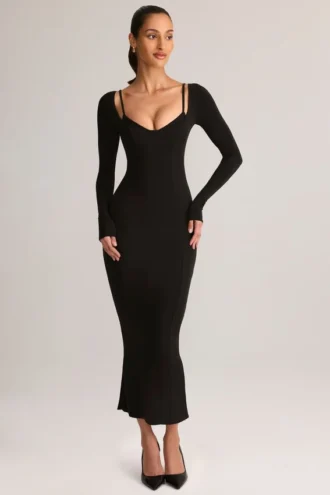 Vestito midi a maniche lunghe Ori Modal Peekaboo in nero