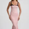 Vestito midi a sirena con dettagli reggiseno a strati Valentina in rosa a pois Vestito midi a sirena con dettagli reggiseno a strati Valentina in rosa a pois