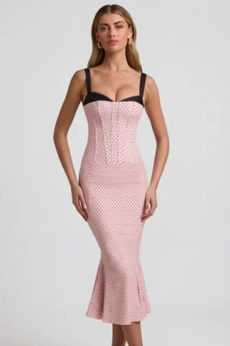 Vestito midi a sirena con dettagli reggiseno a strati Valentina in rosa a pois