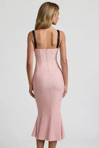 Vestito midi a sirena con dettagli reggiseno a strati Valentina in rosa a pois