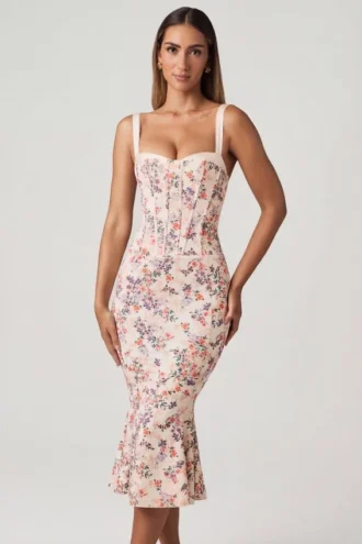 Vestito midi a sirena con dettagli reggiseno a strati Valentina in stampa floreale primula