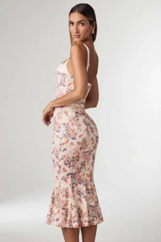 Vestito midi a sirena con dettagli reggiseno a strati Valentina in stampa floreale primula