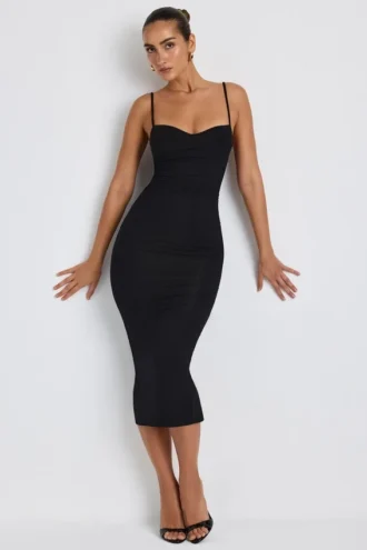 Vestito midi a strati con ruches in modal Nora, nero