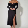 Vestito midi a trapezio con allacciatura e spalle scoperte Nerissa in nero Vestito midi a trapezio con allacciatura e spalle scoperte Nerissa in nero