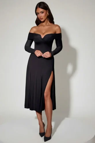 Vestito midi a trapezio con allacciatura e spalle scoperte Nerissa in nero