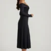 Vestito midi a trapezio con allacciatura e spalle scoperte Nerissa in nero Vestito midi a trapezio con allacciatura e spalle scoperte Nerissa in nero