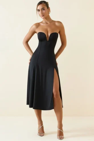 Vestito midi a trapezio senza spalline in jersey slinky Joely, colore nero