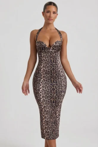 Vestito midi aderente con scollo all’americana e strati Ismay in stampa leopardata