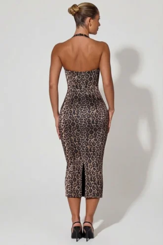 Vestito midi aderente con scollo all’americana e strati Ismay in stampa leopardata