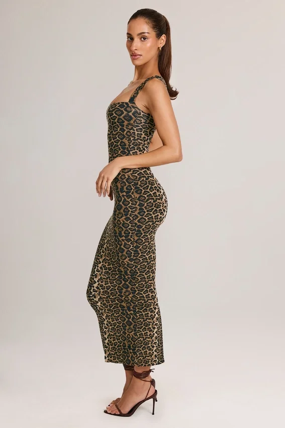 Vestito midi aderente con scollo quadrato in modal Ainslee con stampa leopardata Vestito midi aderente con scollo quadrato in modal Ainslee con stampa leopardata